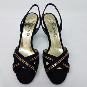 Black Gold Satin Gold tone Interlocking CC Sandals